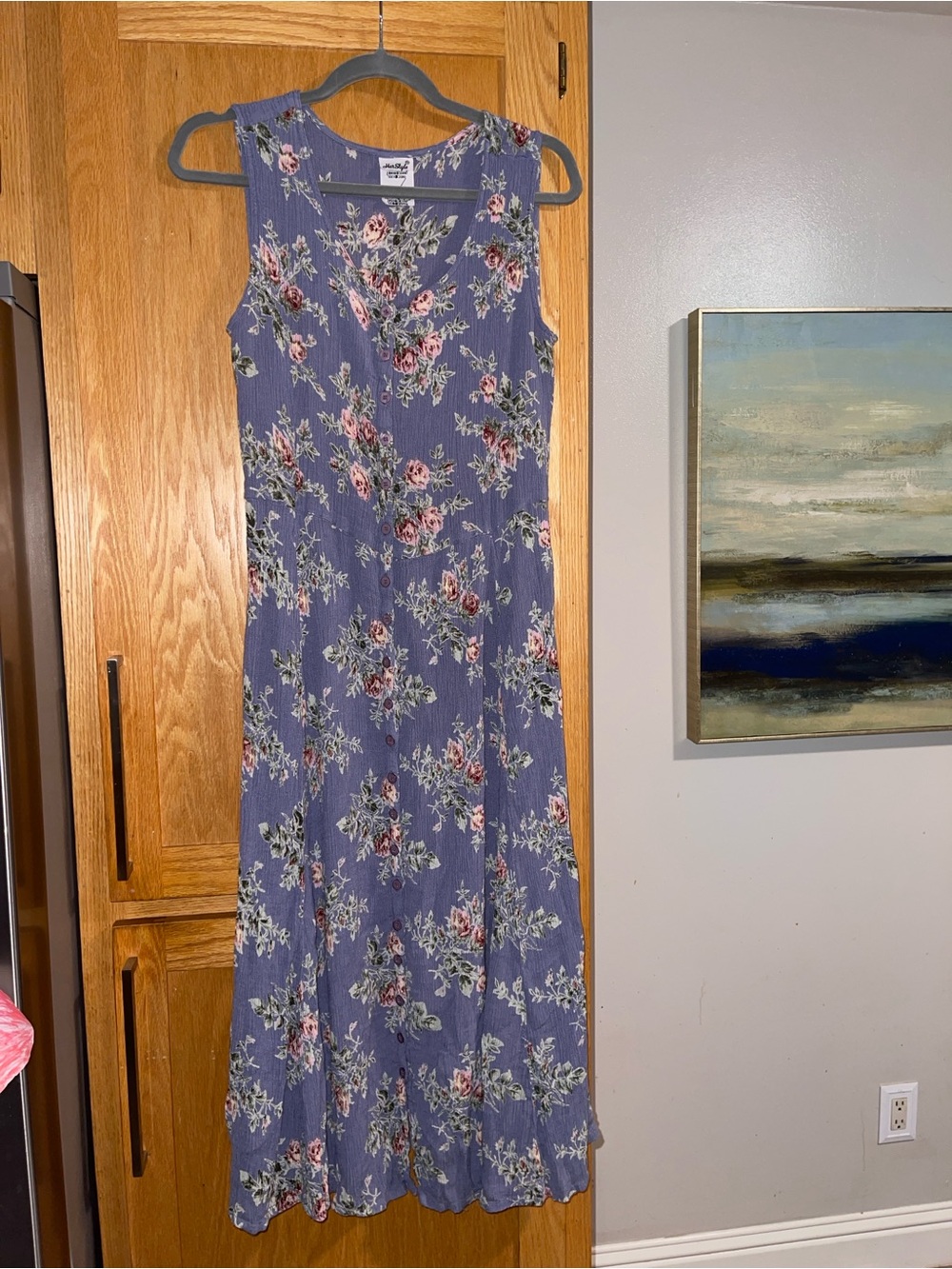 Vintage Herstyle Sleeveless Floral Maxi Dress in Dusty Blue with Pink Blooms